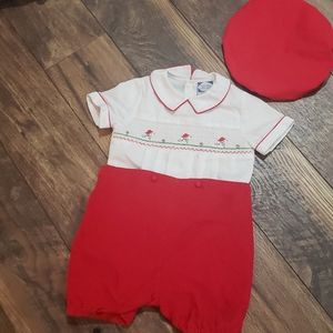 24 months red Carriage Boutique shortall w/ hat